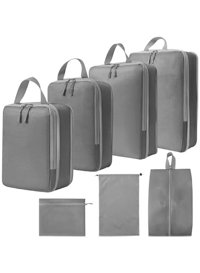 ميكسد 7 قطع من مكعبات التعبئة الضاغطة، منظم حقائب السفر، منظم حقائب السفر، مكعبات السفر، مستلزمات السفر مع أكياس تخزين الأحذية كيس غسيل (رمادي) - Image 1