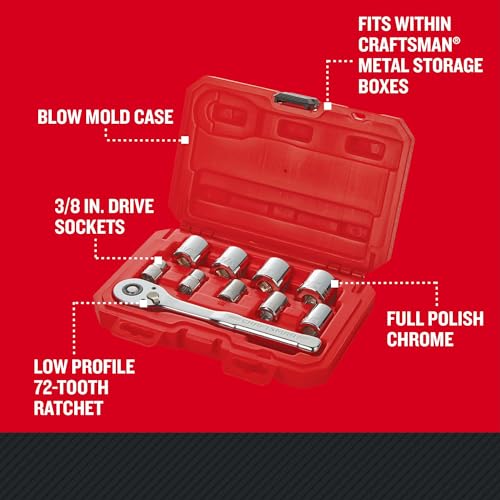 CRAFTSMAN Mechanics Tool Set with 72-tooth Low Profile Ratchet, SAE, 3/8 Inch Drive, 10 Piece (CMMT34563) - Image 3
