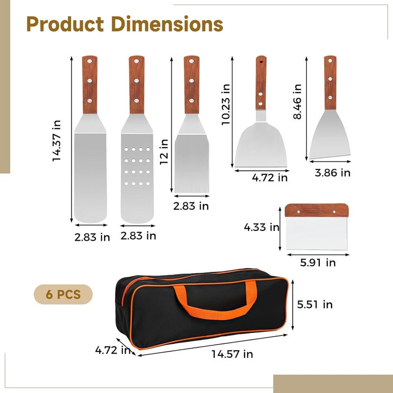 Stainless Steel Griddle Spatula Set, 6 Pcs BBQ Accessories, Wooden Handled Turner and Scraper, Ideal for Grilling and Frying - Image 5