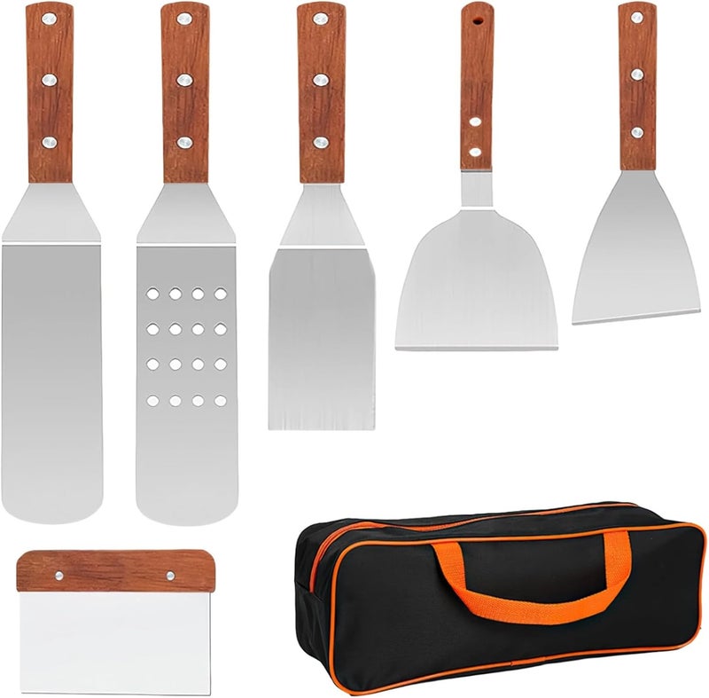 Stainless Steel Griddle Spatula Set, 6 Pcs BBQ Accessories, Wooden Handled Turner and Scraper, Ideal for Grilling and Frying - Image 1