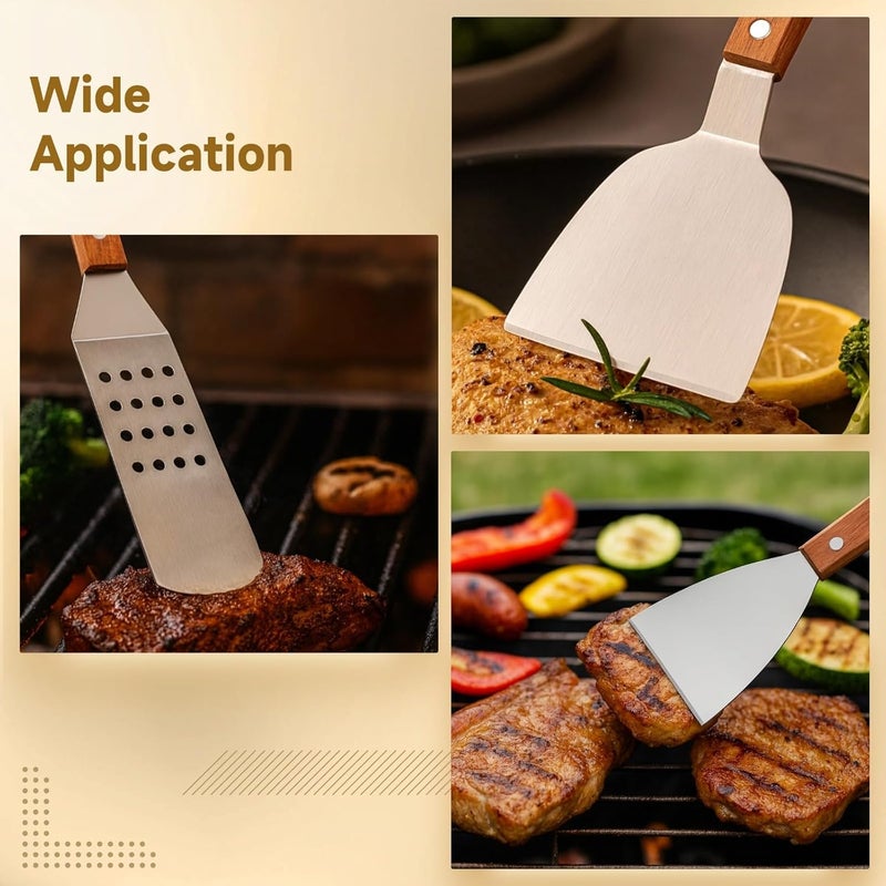 Stainless Steel Griddle Spatula Set, 6 Pcs BBQ Accessories, Wooden Handled Turner and Scraper, Ideal for Grilling and Frying - Image 3
