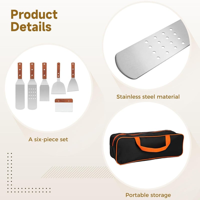 Stainless Steel Griddle Spatula Set, 6 Pcs BBQ Accessories, Wooden Handled Turner and Scraper, Ideal for Grilling and Frying - Image 2