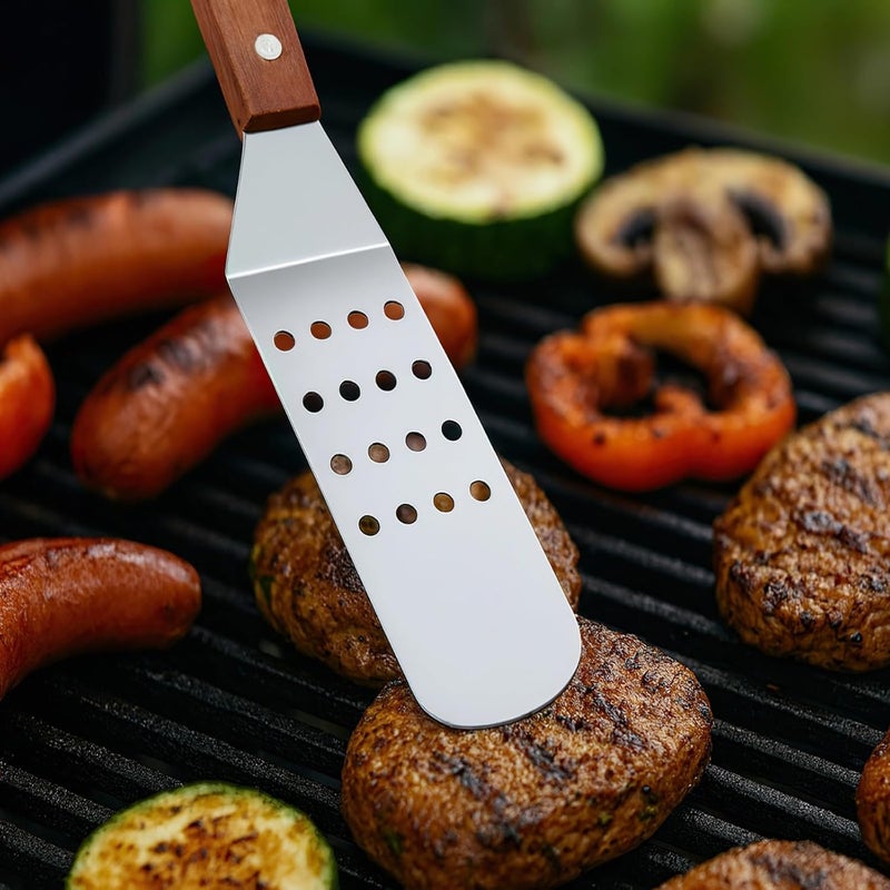 Stainless Steel Griddle Spatula Set, 6 Pcs BBQ Accessories, Wooden Handled Turner and Scraper, Ideal for Grilling and Frying - Image 4