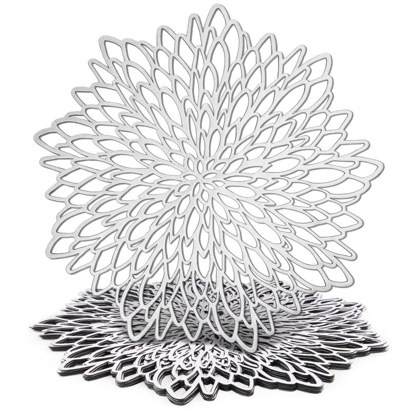 Juvale 10 Pack Silver Metallic Vinyl Placemats - 14.4" x 14.4" Round Table Mats and Chargers with Leaf Design for Elegant Table Decor and Protection - Stylish Charger Plates for Weddings and Parties - Image 1