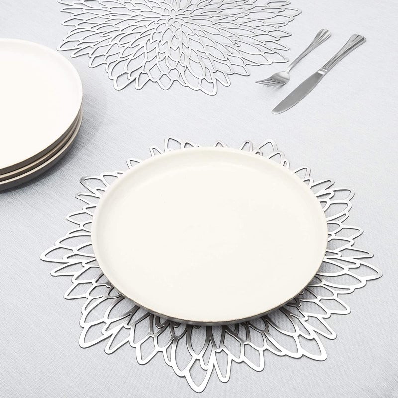Juvale 10 Pack Silver Metallic Vinyl Placemats - 14.4" x 14.4" Round Table Mats and Chargers with Leaf Design for Elegant Table Decor and Protection - Stylish Charger Plates for Weddings and Parties - Image 3