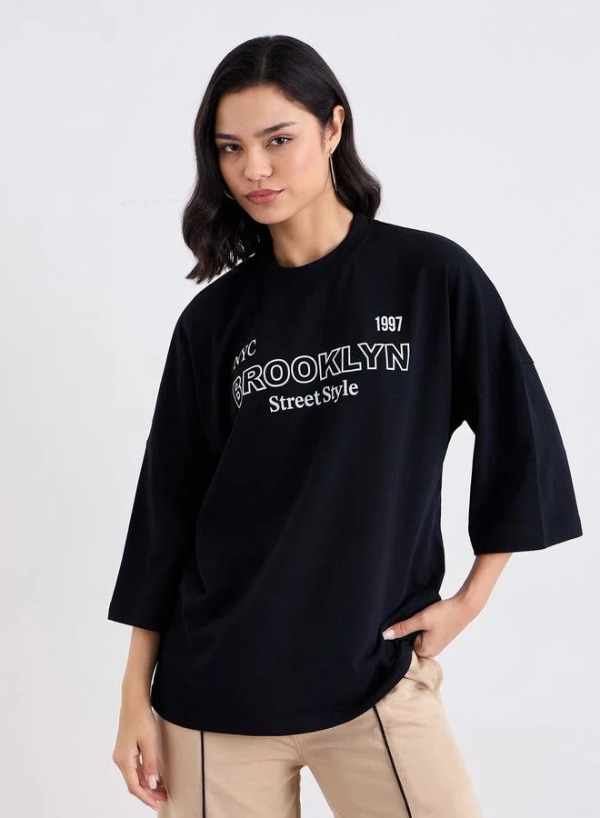 Styli Black Oversized Brooklyn Print T-Shirt