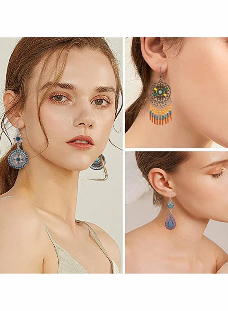 KASTWAVE 8 Pairs Fashion Hollow Drop Dangle Earrings Set for Women and Girls Bohemian National Style Eardrop with Bronze Waterdrop Leaf Feather Shaped Hypoallergenic Vintage Jewelry for Birthday Gifts - Image 3