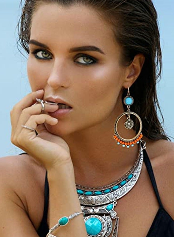 KASTWAVE 8 Pairs Fashion Hollow Drop Dangle Earrings Set for Women and Girls Bohemian National Style Eardrop with Bronze Waterdrop Leaf Feather Shaped Hypoallergenic Vintage Jewelry for Birthday Gifts - Image 4