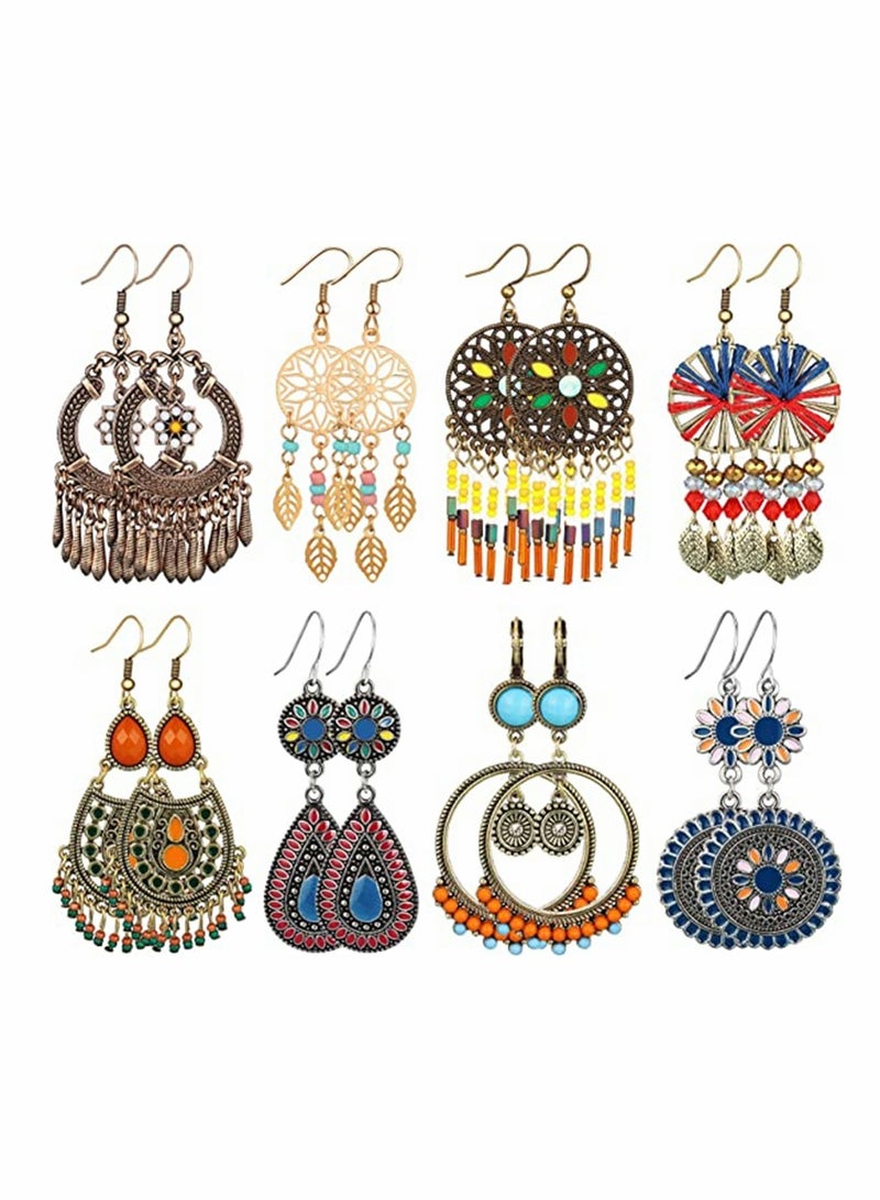 KASTWAVE 8 Pairs Fashion Hollow Drop Dangle Earrings Set for Women and Girls Bohemian National Style Eardrop with Bronze Waterdrop Leaf Feather Shaped Hypoallergenic Vintage Jewelry for Birthday Gifts - Image 1