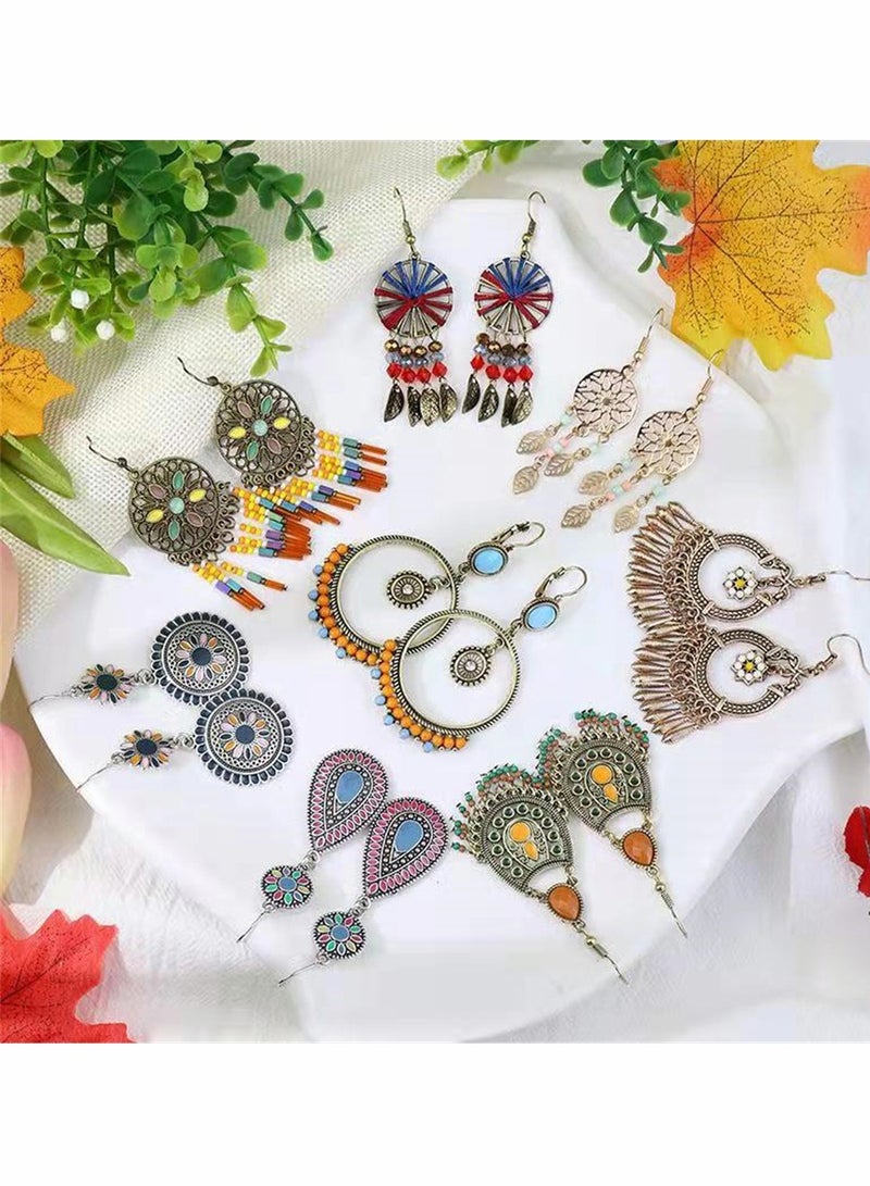 KASTWAVE 8 Pairs Fashion Hollow Drop Dangle Earrings Set for Women and Girls Bohemian National Style Eardrop with Bronze Waterdrop Leaf Feather Shaped Hypoallergenic Vintage Jewelry for Birthday Gifts - Image 2