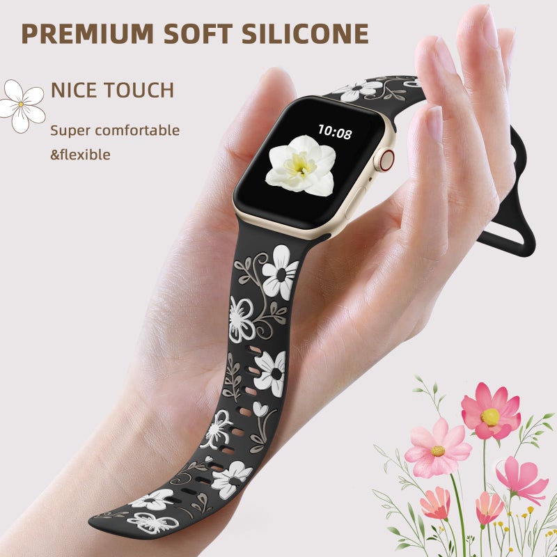 Witzon Cute Flower Band Compatible with Apple Watch Bands For Women 42mm 41mm 40mm 38mm 44mm 45mm 46mm 49mm, Engraved Soft Silicone Inlay Strap for iWatch Series 11 10 9 8 7 6 5 4 3 2 SE Ultra 3 2 1 - Image 4