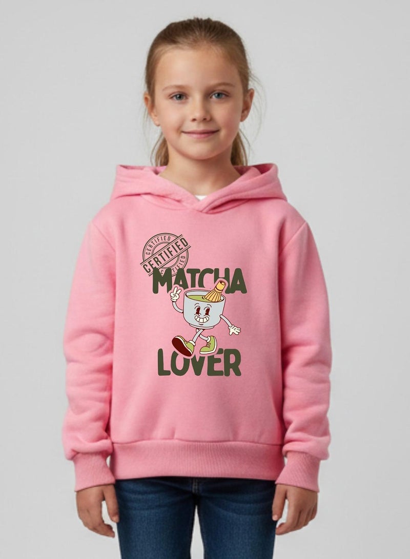 babyqlo Girls Pink Matcha Lover Winter Fleece Hoodie - Image 1
