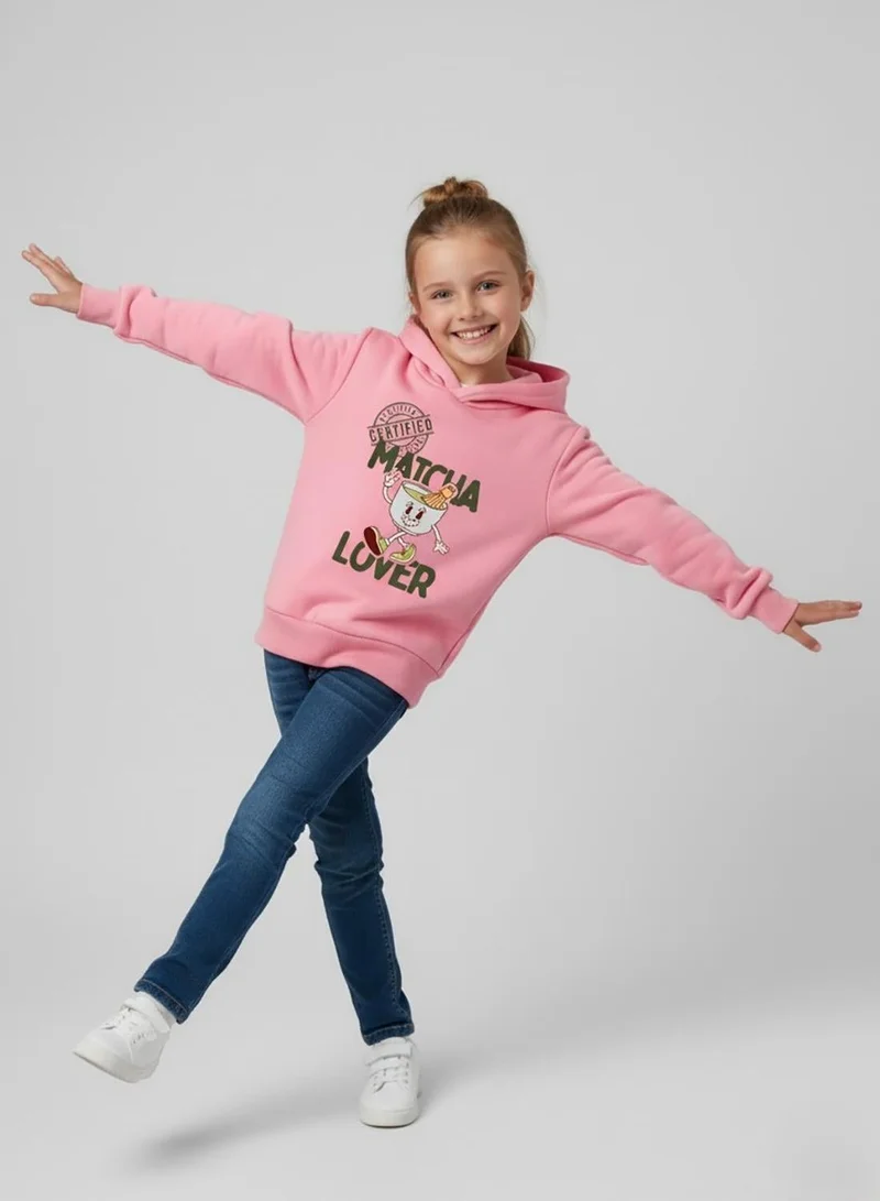 babyqlo Girls Pink Matcha Lover Winter Fleece Hoodie