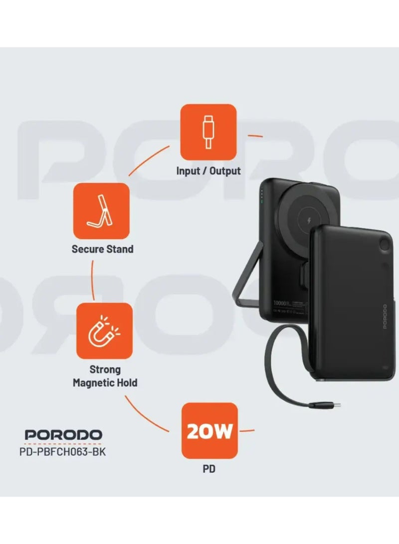 بورودو بنك طاقة 10000 مللي أمبير مع كابل Type-C مدمج وحامل، تثبيت مغناطيسي قوي، توصيل طاقة 20 وات، دعم الشحن السريع، مخرج لاسلكي 15 وات - أسود - Image 4
