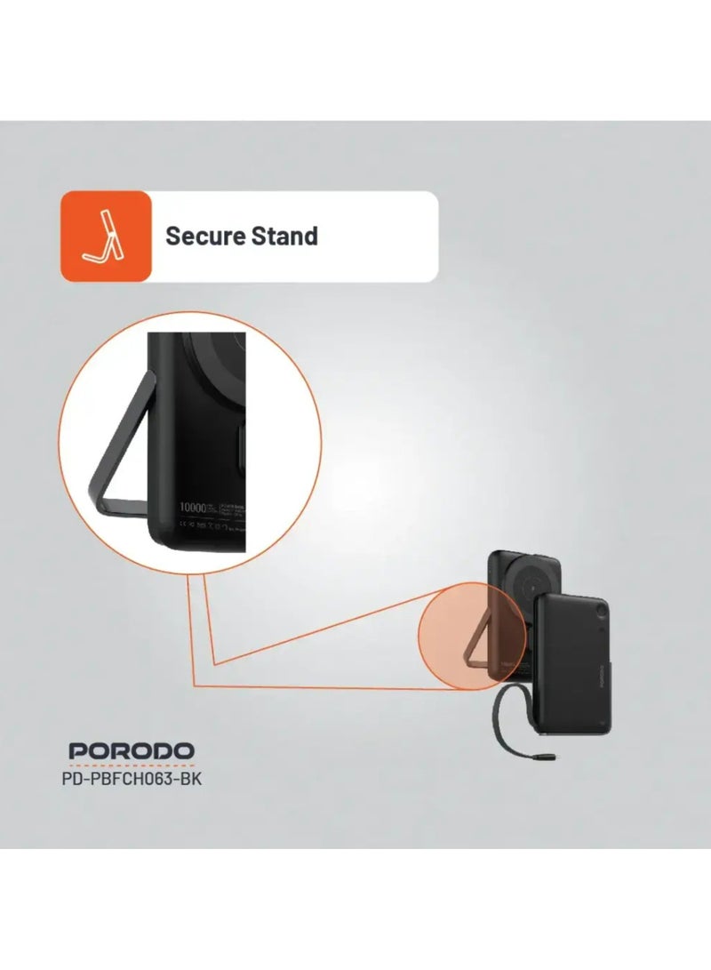 بورودو بنك طاقة 10000 مللي أمبير مع كابل Type-C مدمج وحامل، تثبيت مغناطيسي قوي، توصيل طاقة 20 وات، دعم الشحن السريع، مخرج لاسلكي 15 وات - أسود - Image 5