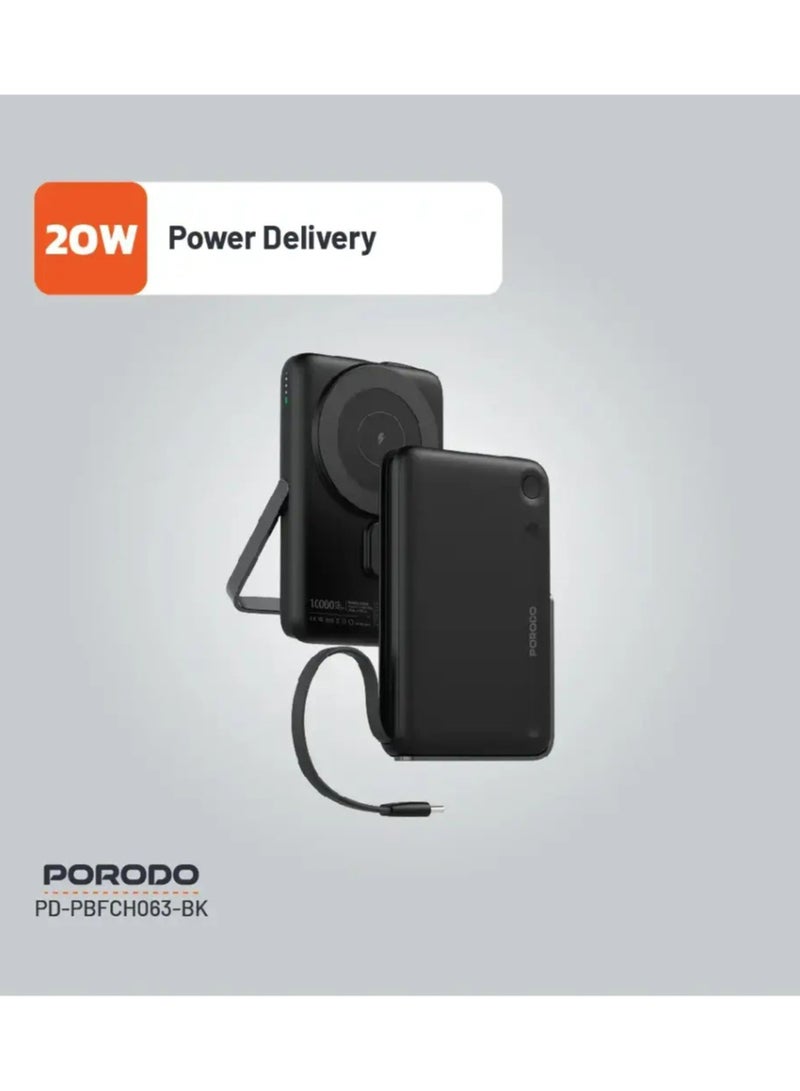 بورودو بنك طاقة 10000 مللي أمبير مع كابل Type-C مدمج وحامل، تثبيت مغناطيسي قوي، توصيل طاقة 20 وات، دعم الشحن السريع، مخرج لاسلكي 15 وات - أسود - Image 3