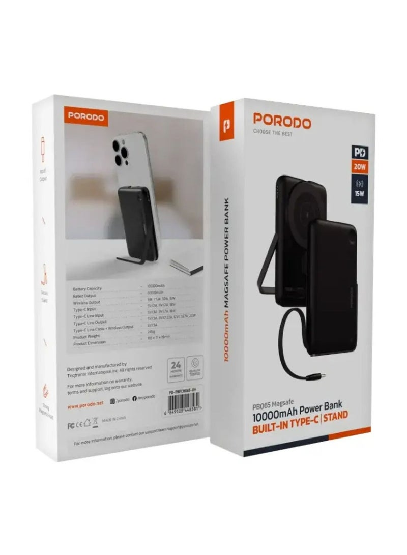 بورودو بنك طاقة 10000 مللي أمبير مع كابل Type-C مدمج وحامل، تثبيت مغناطيسي قوي، توصيل طاقة 20 وات، دعم الشحن السريع، مخرج لاسلكي 15 وات - أسود - Image 2