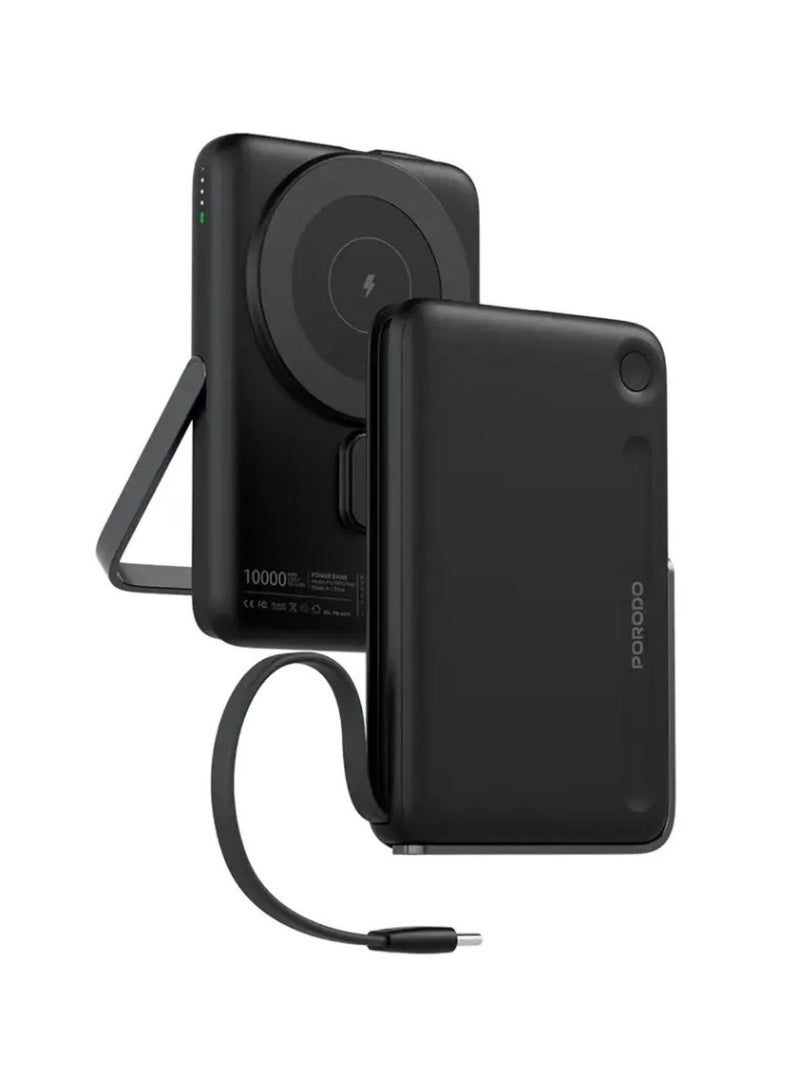 بورودو بنك طاقة 10000 مللي أمبير مع كابل Type-C مدمج وحامل، تثبيت مغناطيسي قوي، توصيل طاقة 20 وات، دعم الشحن السريع، مخرج لاسلكي 15 وات - أسود - Image 1
