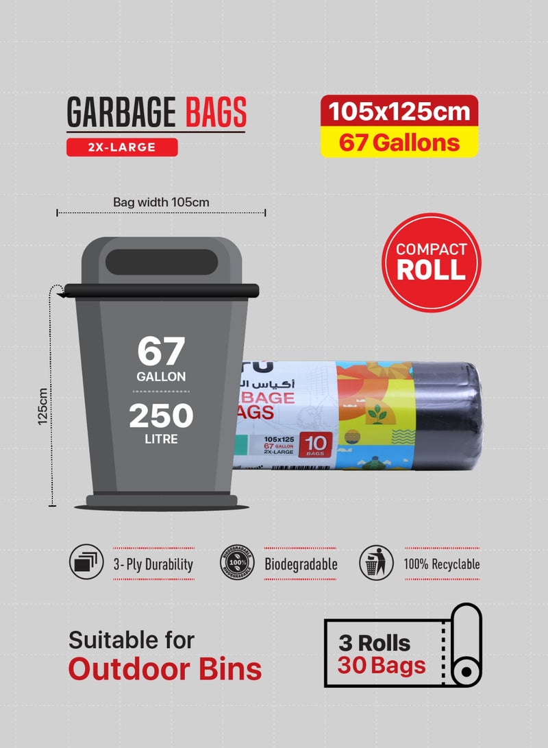 Tru Pack of 3 - Garbage Bags Compact Roll Black 67 Gallon XX-Large (Outdoor bin bags), 105x125cm, 10 Bags x 3 black - Image 4