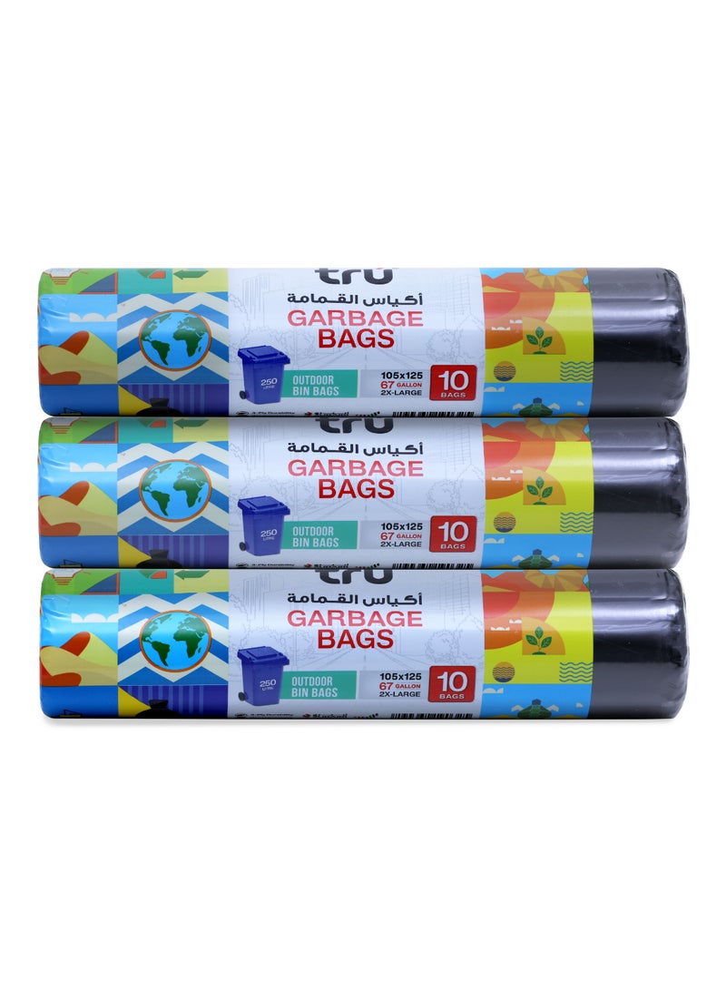 Tru Pack of 3 - Garbage Bags Compact Roll Black 67 Gallon XX-Large (Outdoor bin bags), 105x125cm, 10 Bags x 3 black - Image 1