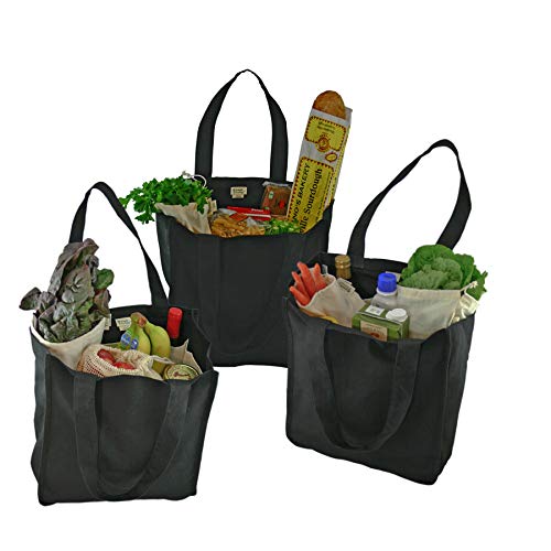 Simple Ecology Organic Cotton Deluxe Reusable Grocery Shopping Bag with Bottle Sleeves and Rigid Bottom Support (UPDATED DESIGN) - Black 3 Pack - Image 1