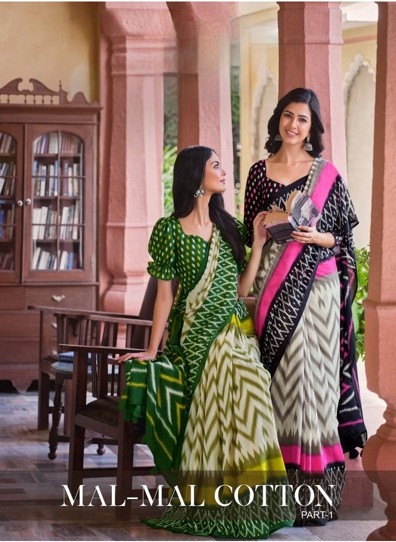 Grab Mantra - Mal Mal Cotton White Black Pink Saree Printed With Unstitched Blouse - Image 1