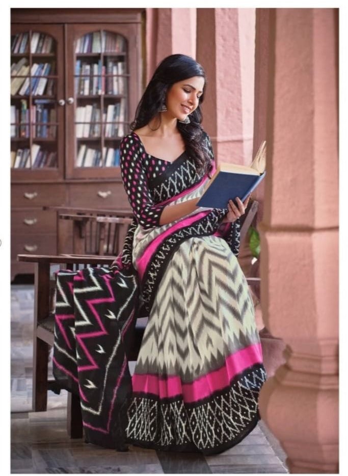 Grab Mantra - Mal Mal Cotton White Black Pink Saree Printed With Unstitched Blouse - Image 1
