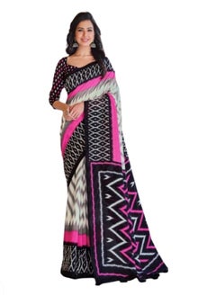 Mal Mal Cotton White Black Pink Saree Printed With Unstitched Blouse