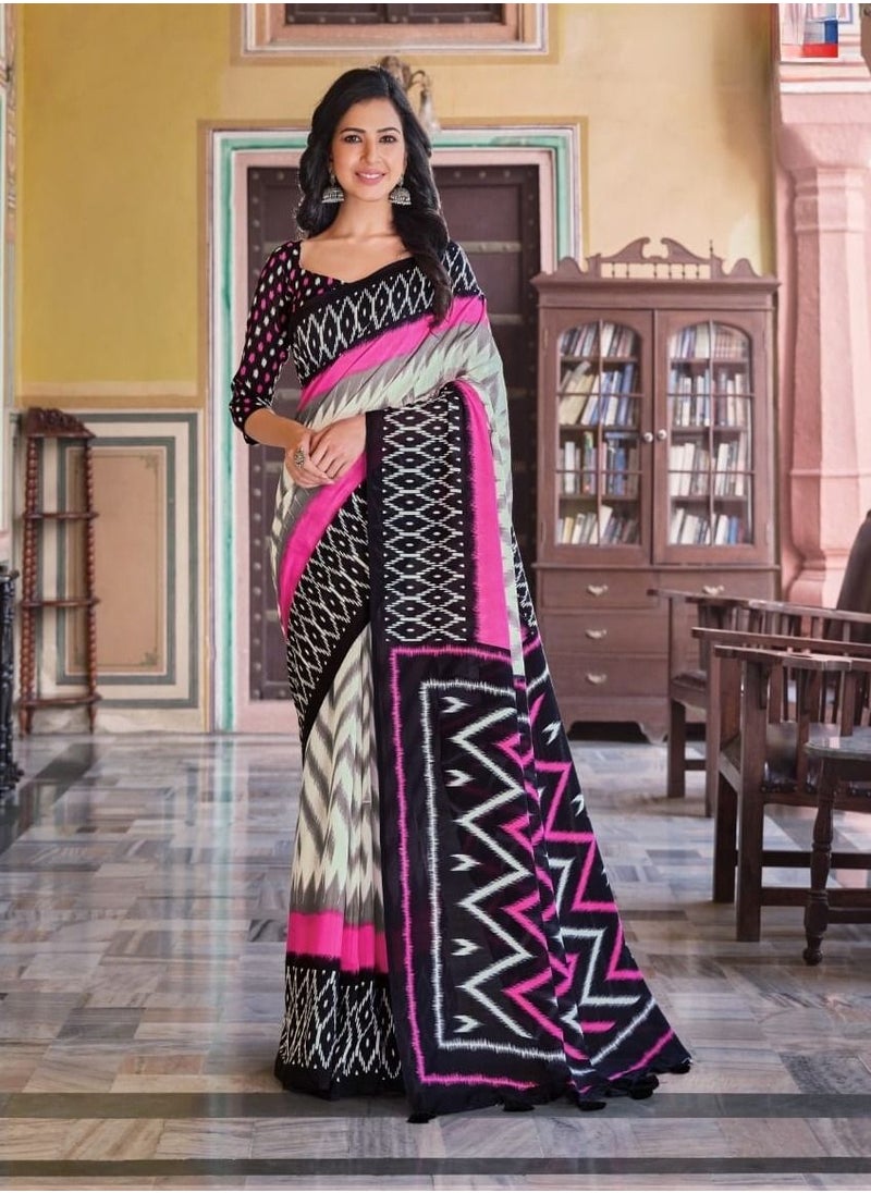 Grab Mantra - Mal Mal Cotton White Black Pink Saree Printed With Unstitched Blouse - Image 1