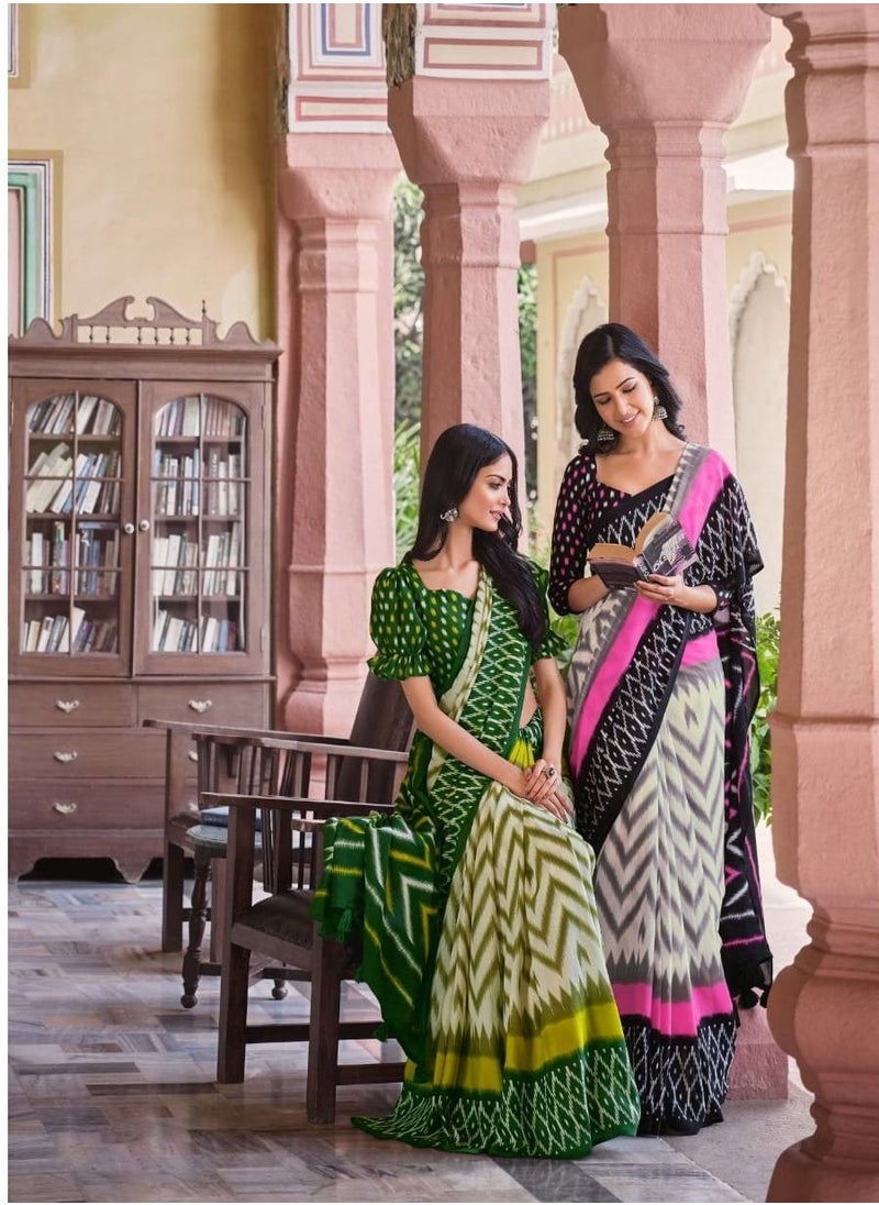 Grab Mantra - Mal Mal Cotton White Black Pink Saree Printed With Unstitched Blouse - Image 1