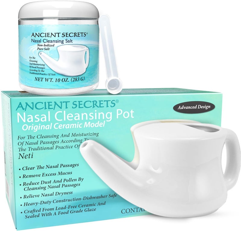 ANCIENT SECRETS ANCIENT SECRETS Neti Pot & Nasal Cleansing Salt Set - Ceramic Nasal Cleansing System + Non-Iodized Pure Salt, Sinus Relief, Allergy Spray Alternative (2 Piece Set) 