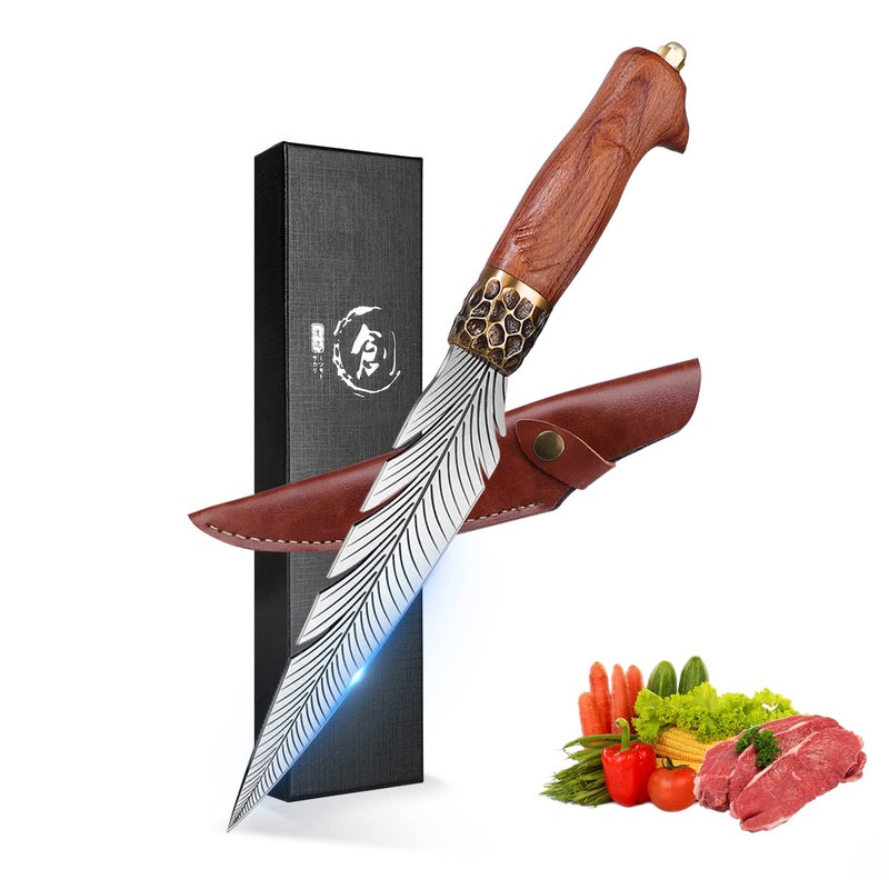 ROCOCO Feather Viking Knife Japanese Forged in Fire Boning Knife Fancy Kitchen Cleaver with Sheath Outdoor Camping BBQ Collection Birthday Thanksgiving Christmas Father Mother Gift 7" - Image 3