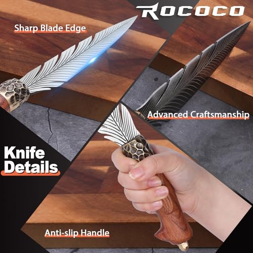 ROCOCO Feather Viking Knife Japanese Forged in Fire Boning Knife Fancy Kitchen Cleaver with Sheath Outdoor Camping BBQ Collection Birthday Thanksgiving Christmas Father Mother Gift 7" - Image 5