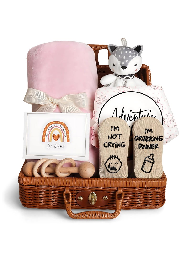 أريكسا سلة هدايا للأطفال حديثي الولادة - مجموعة هدايا للأطفال حديثي الولادة مع بطانية ناعمة، خشخيشة، جوارب ودمية قطيفة - هدية مثالية لحفل استقبال المولود للأمهات الحوامل والفتيات حديثات الولادة (وردي) - Image 1