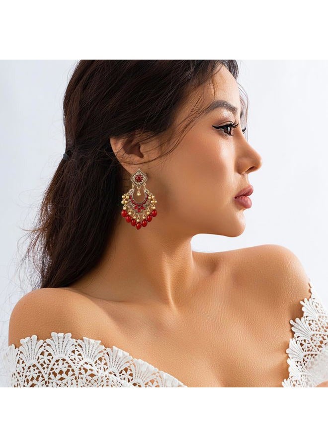 OIDIMS Bollywood Jhumka Earrings for Women Vintage Gold-Tone Plated Chandelier Drop Earring Hook Cubic Zirconia Beaded Design Dangle Tassel Statement Boho Indian Jewelry for Festival Wedding Holiday, Small - Image 2