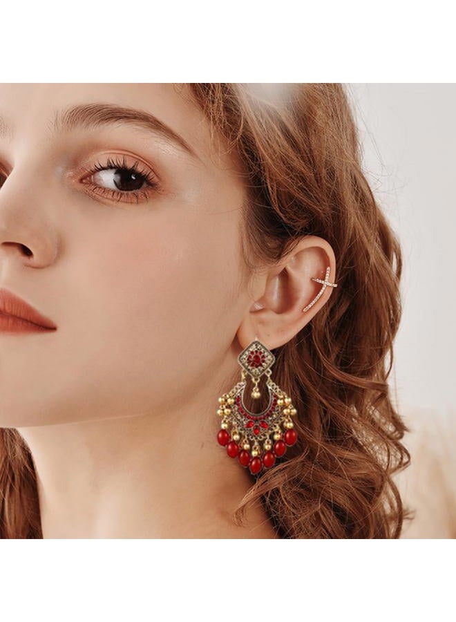 OIDIMS Bollywood Jhumka Earrings for Women Vintage Gold-Tone Plated Chandelier Drop Earring Hook Cubic Zirconia Beaded Design Dangle Tassel Statement Boho Indian Jewelry for Festival Wedding Holiday, Small - Image 3