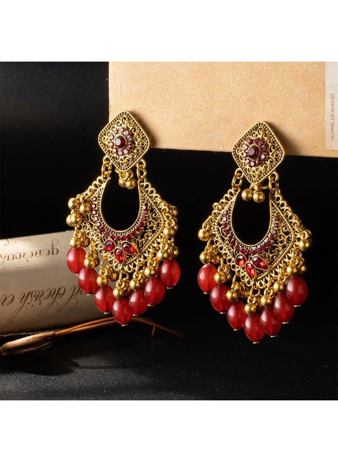 OIDIMS Bollywood Jhumka Earrings for Women Vintage Gold-Tone Plated Chandelier Drop Earring Hook Cubic Zirconia Beaded Design Dangle Tassel Statement Boho Indian Jewelry for Festival Wedding Holiday, Small - Image 5
