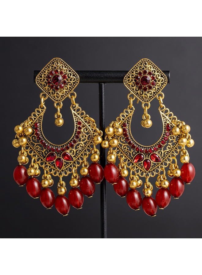 OIDIMS Bollywood Jhumka Earrings for Women Vintage Gold-Tone Plated Chandelier Drop Earring Hook Cubic Zirconia Beaded Design Dangle Tassel Statement Boho Indian Jewelry for Festival Wedding Holiday, Small - Image 4