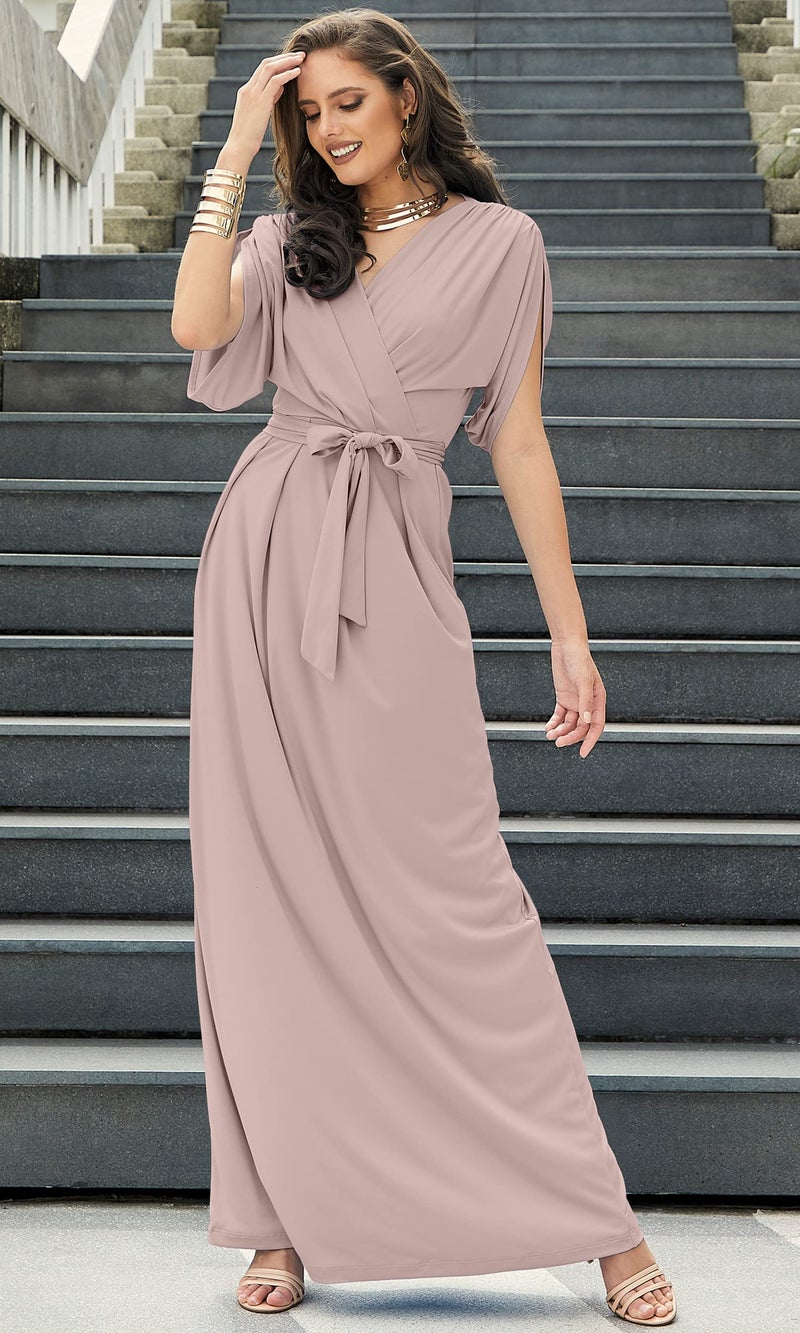 KOH KOH Plus Size Womens Long Formal Short Sleeve Cocktail Flowy V-Neck Casual Bridesmaid Wedding Party Guest Evening Cute Maternity Work Gown Gowns Maxi Dress Dresses, Dusty Pastel Pink 3XL 22-24 - Image 2