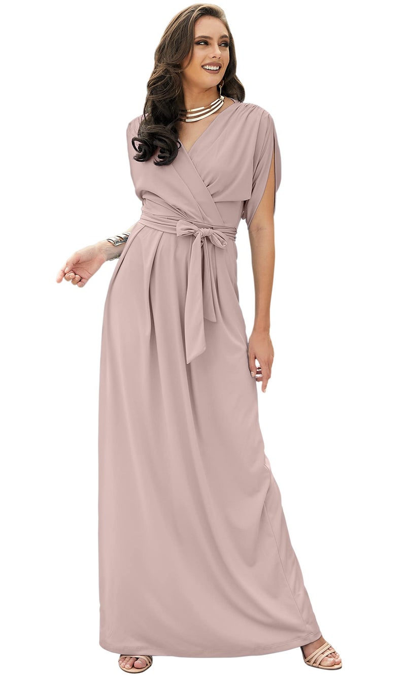 KOH KOH Plus Size Womens Long Formal Short Sleeve Cocktail Flowy V-Neck Casual Bridesmaid Wedding Party Guest Evening Cute Maternity Work Gown Gowns Maxi Dress Dresses, Dusty Pastel Pink 3XL 22-24 - Image 1