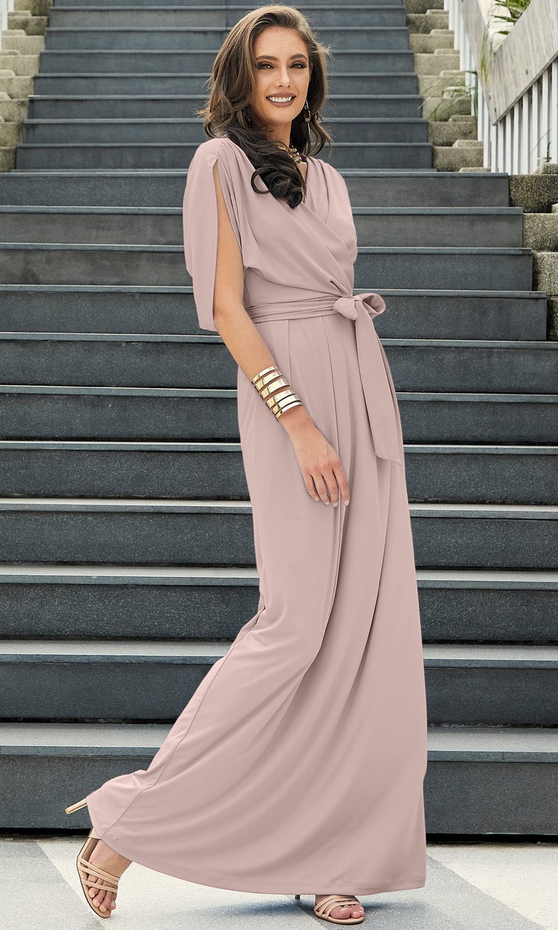 KOH KOH Plus Size Womens Long Formal Short Sleeve Cocktail Flowy V-Neck Casual Bridesmaid Wedding Party Guest Evening Cute Maternity Work Gown Gowns Maxi Dress Dresses, Dusty Pastel Pink 3XL 22-24 - Image 3