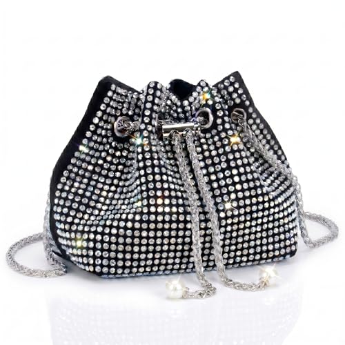DOSYSO Rhinestone Bucket Bag Mini Evening Handbags Crystal Clutch For Women Drawstring Crossbody Sling Bags with Chain Stylish Potli Bags Ladies Glitter Purse Wallet for Party Wedding Bling (Silver) - Image 1