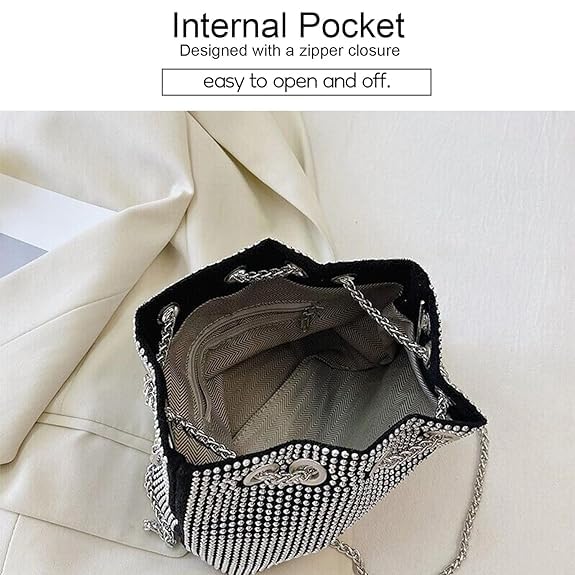 DOSYSO Rhinestone Bucket Bag Mini Evening Handbags Crystal Clutch For Women Drawstring Crossbody Sling Bags with Chain Stylish Potli Bags Ladies Glitter Purse Wallet for Party Wedding Bling (Silver) - Image 4