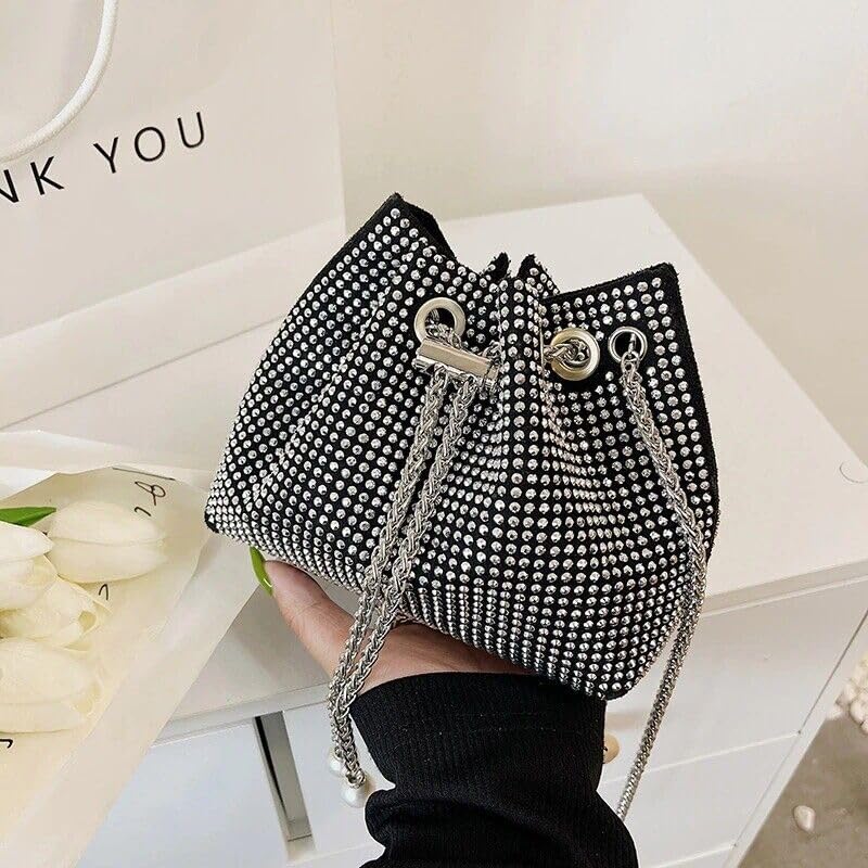 DOSYSO Rhinestone Bucket Bag Mini Evening Handbags Crystal Clutch For Women Drawstring Crossbody Sling Bags with Chain Stylish Potli Bags Ladies Glitter Purse Wallet for Party Wedding Bling (Silver) - Image 2