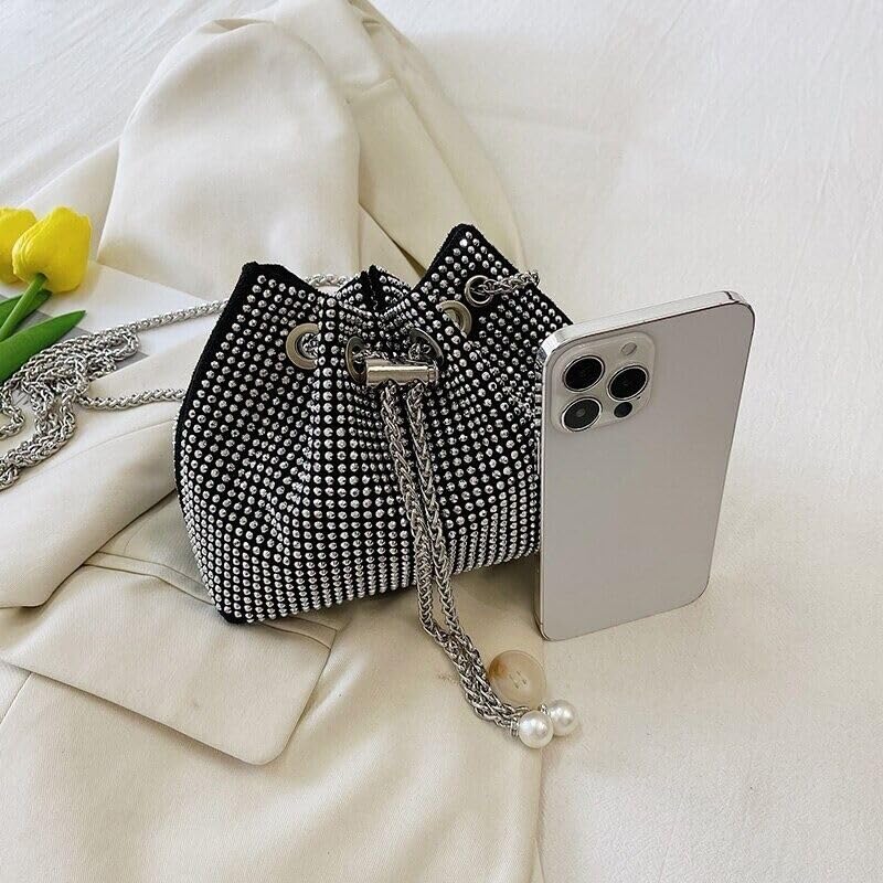 DOSYSO Rhinestone Bucket Bag Mini Evening Handbags Crystal Clutch For Women Drawstring Crossbody Sling Bags with Chain Stylish Potli Bags Ladies Glitter Purse Wallet for Party Wedding Bling (Silver) - Image 3