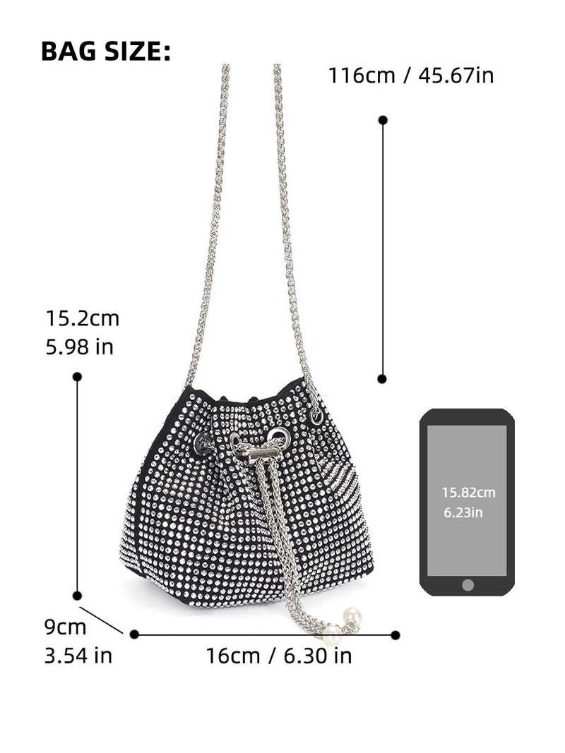 DOSYSO Rhinestone Bucket Bag Mini Evening Handbags Crystal Clutch For Women Drawstring Crossbody Sling Bags with Chain Stylish Potli Bags Ladies Glitter Purse Wallet for Party Wedding Bling (Silver) - Image 5