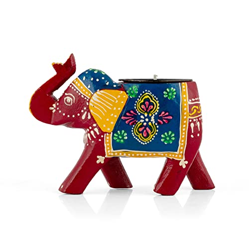 JH Gallery Home Decor Handcrafted and Colorful Wooden Elephant Tea Light Holder, (4 Inches, Red, Pack of 1) - Image 3