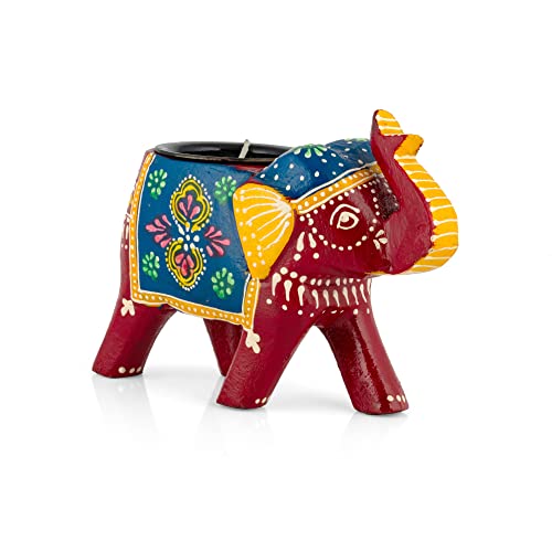JH Gallery Home Decor Handcrafted and Colorful Wooden Elephant Tea Light Holder, (4 Inches, Red, Pack of 1) - Image 2