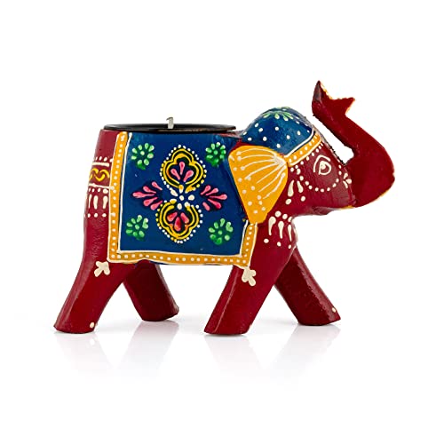 JH Gallery Home Decor Handcrafted and Colorful Wooden Elephant Tea Light Holder, (4 Inches, Red, Pack of 1) - Image 4