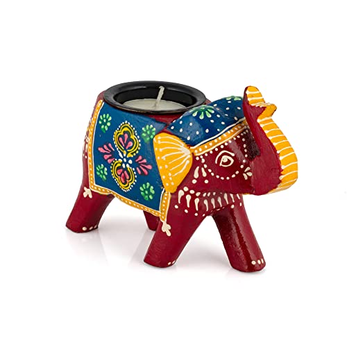 JH Gallery Home Decor Handcrafted and Colorful Wooden Elephant Tea Light Holder, (4 Inches, Red, Pack of 1) - Image 5